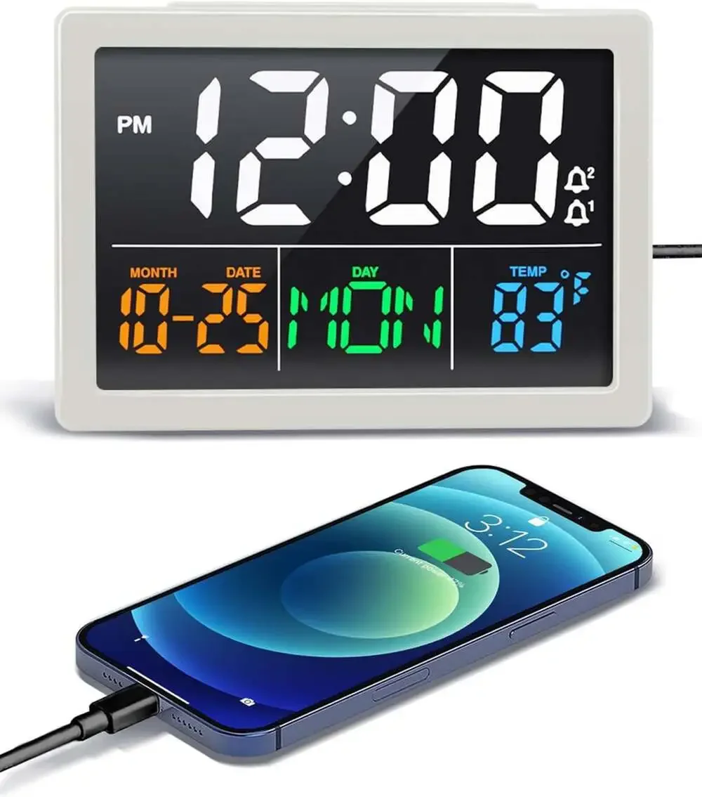 Digital Alarm Clock with Date and Temperature, 5.5 Inch HD Display, Dual USB